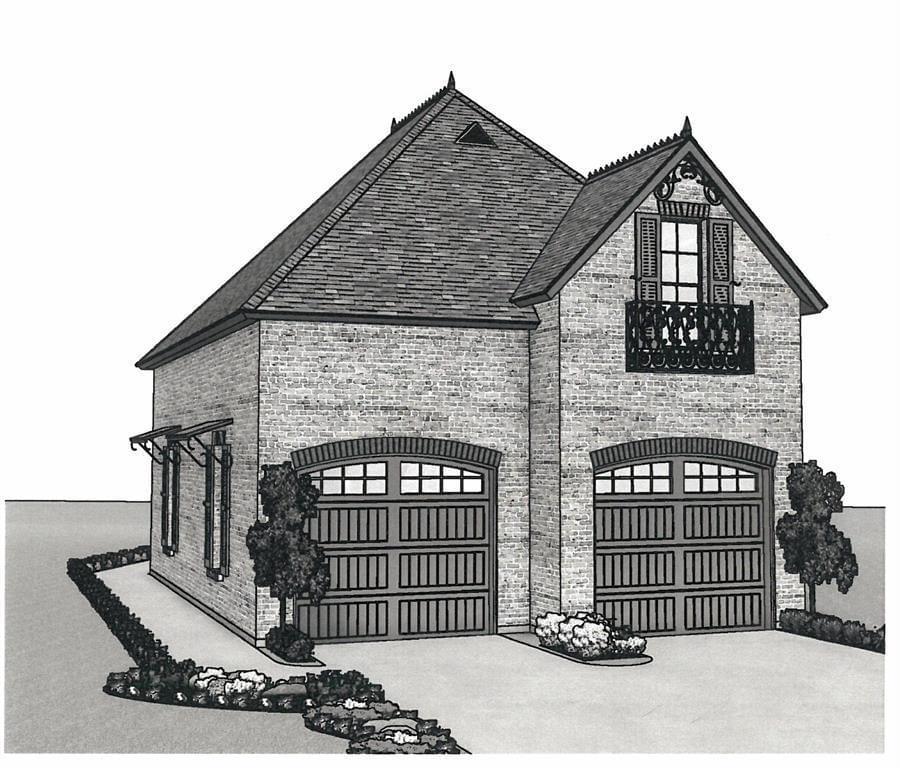 A black and white drawing of a yet-to-be-built new construction brick home with two garage doors and an upstairs balcony 