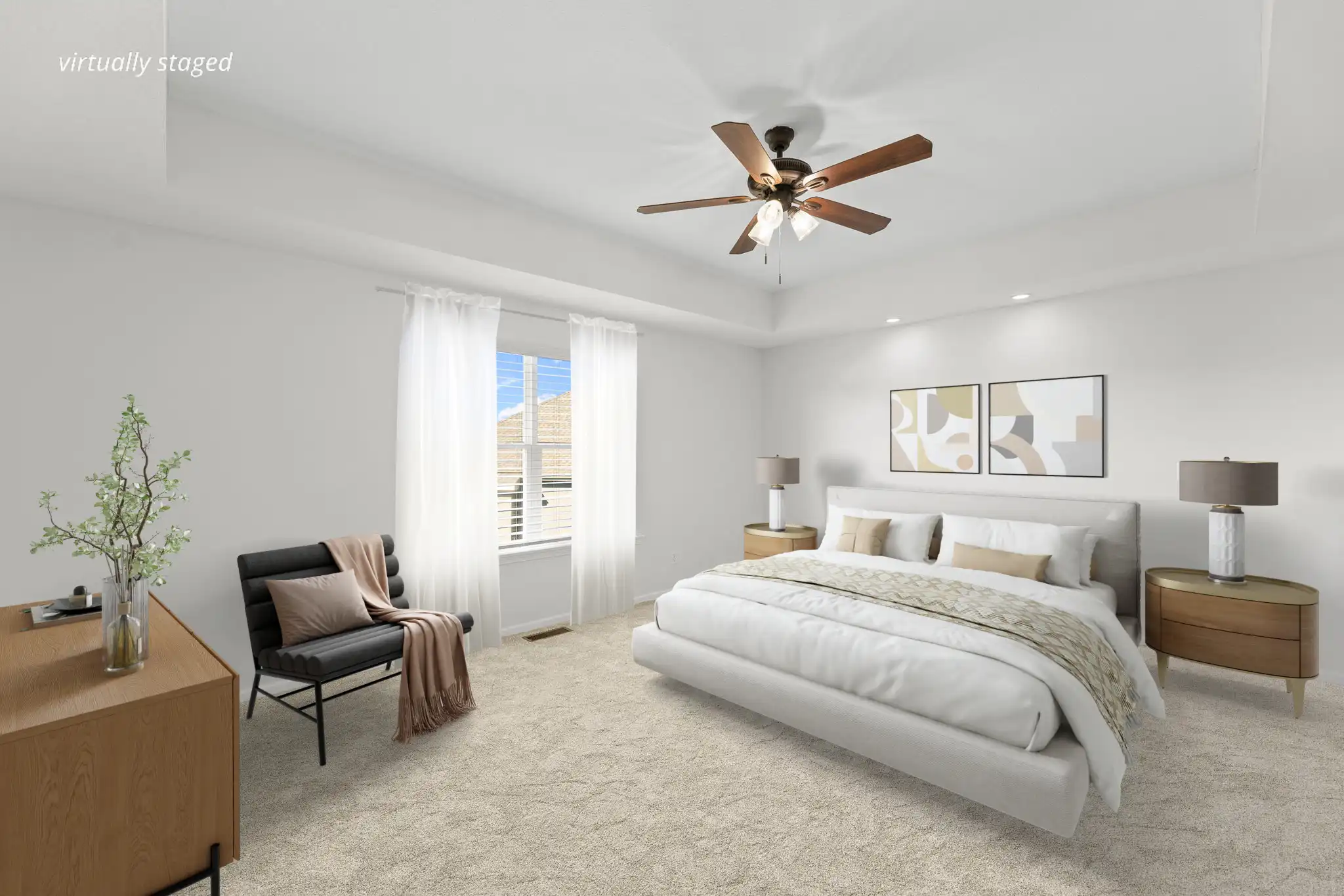 Primary bedroom at 21962 W 116th Terrace Olathe KS — spacious room with large window, ceiling fan, neutral bedding, and wood furniture.