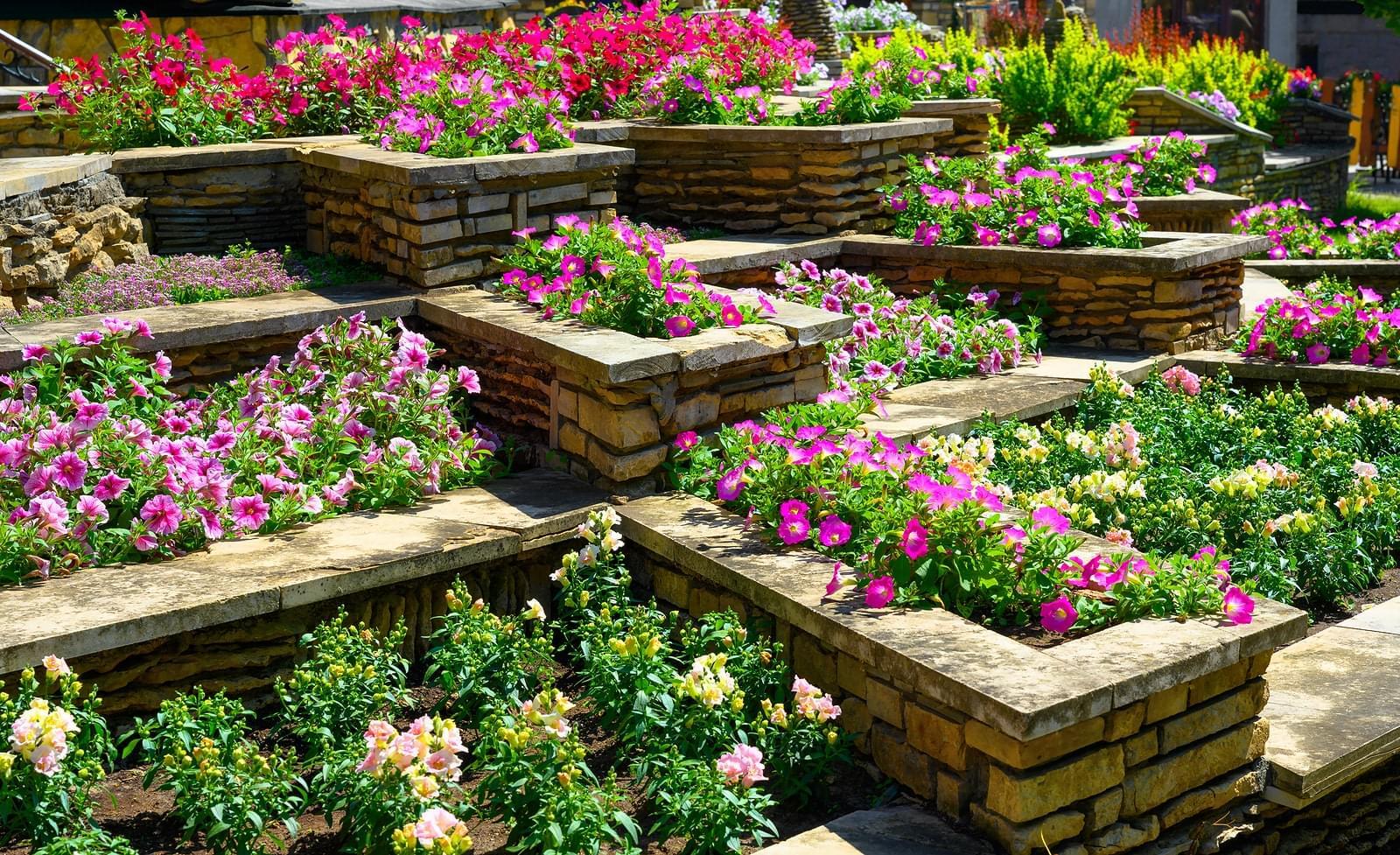 Landscaping with stone retaining walls and many colorful flowers
