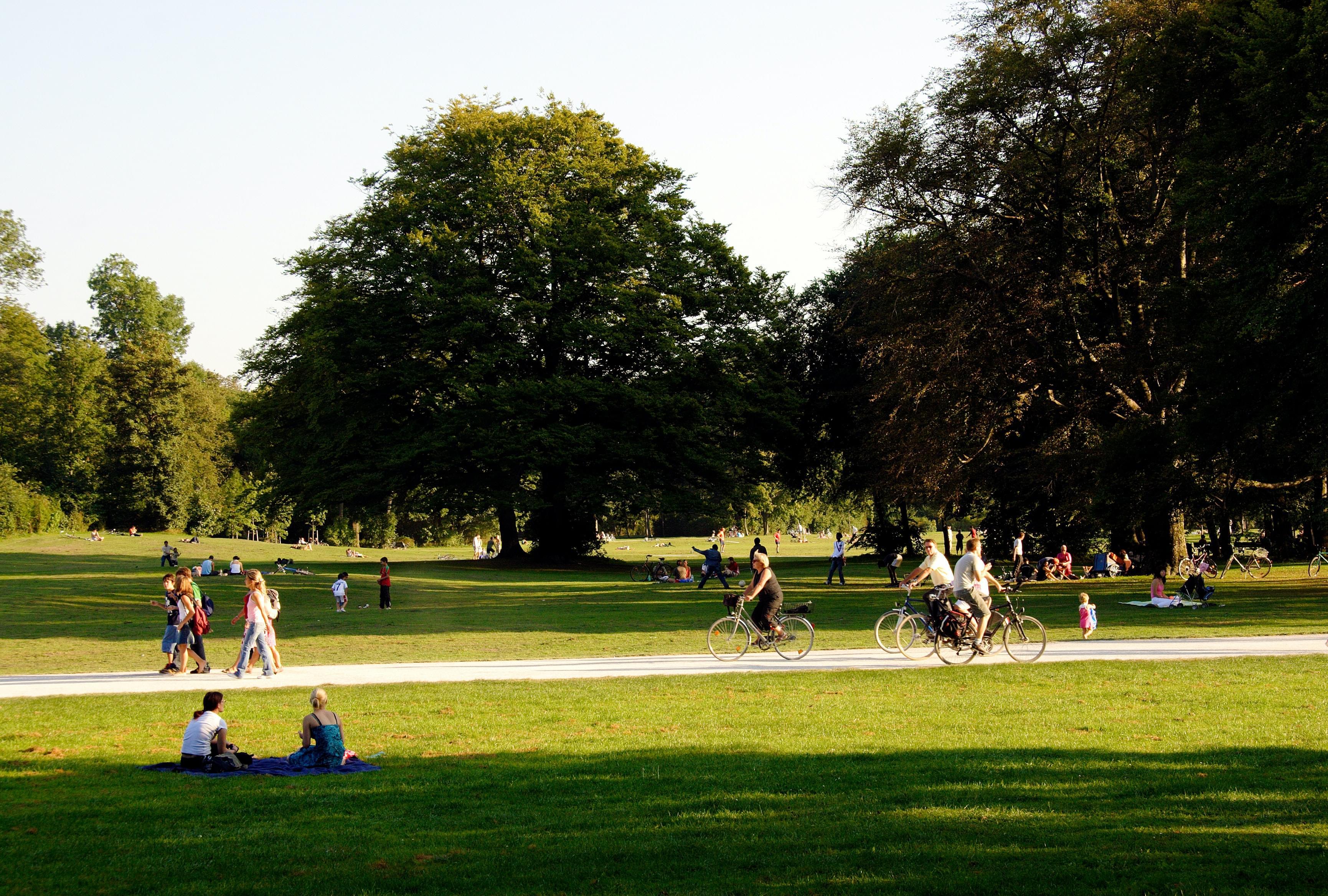 A green park with people walking and on bikes with large trees in the background