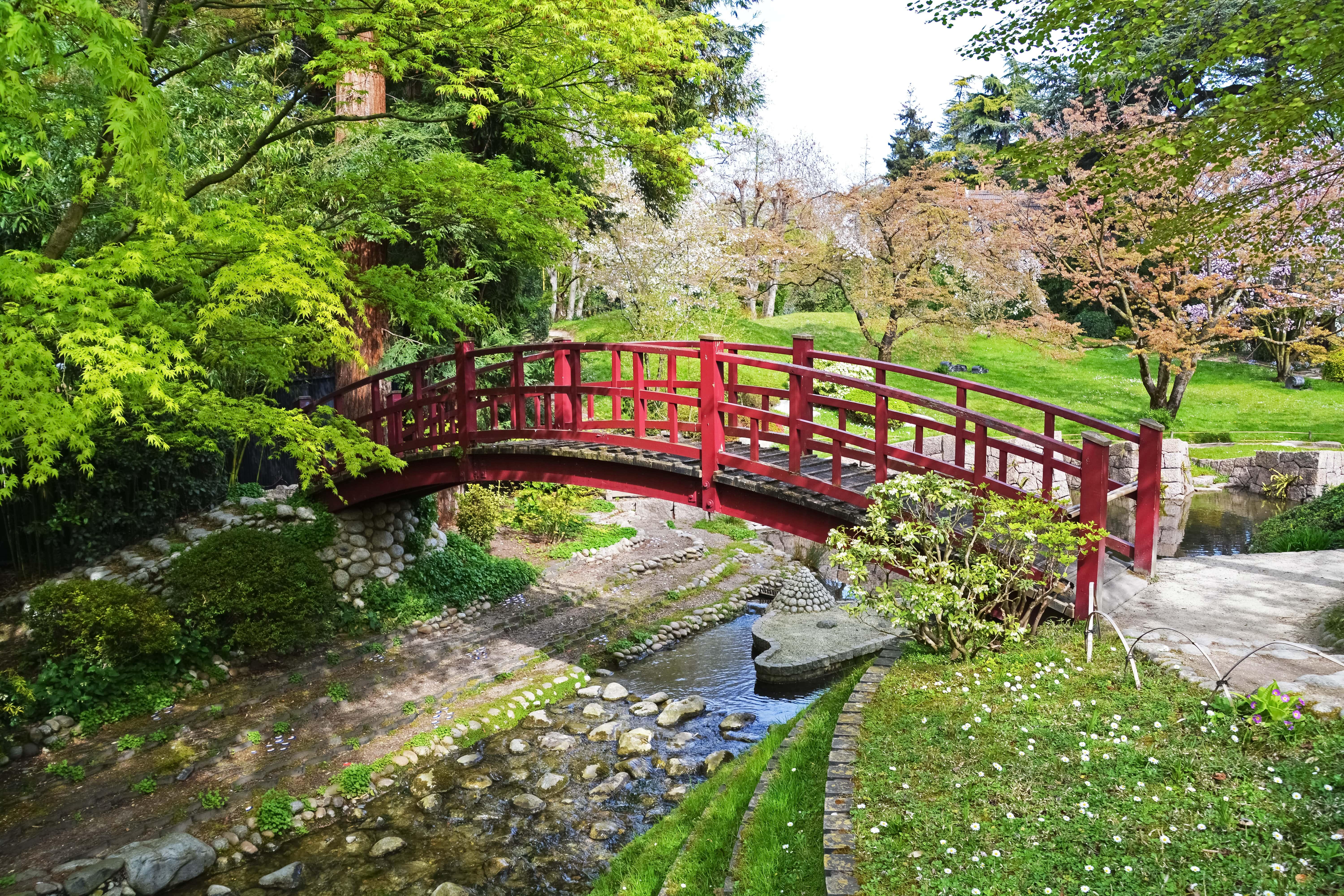 A short red bridge over a shallow stream with bright green grass and leafy trees in the landscape