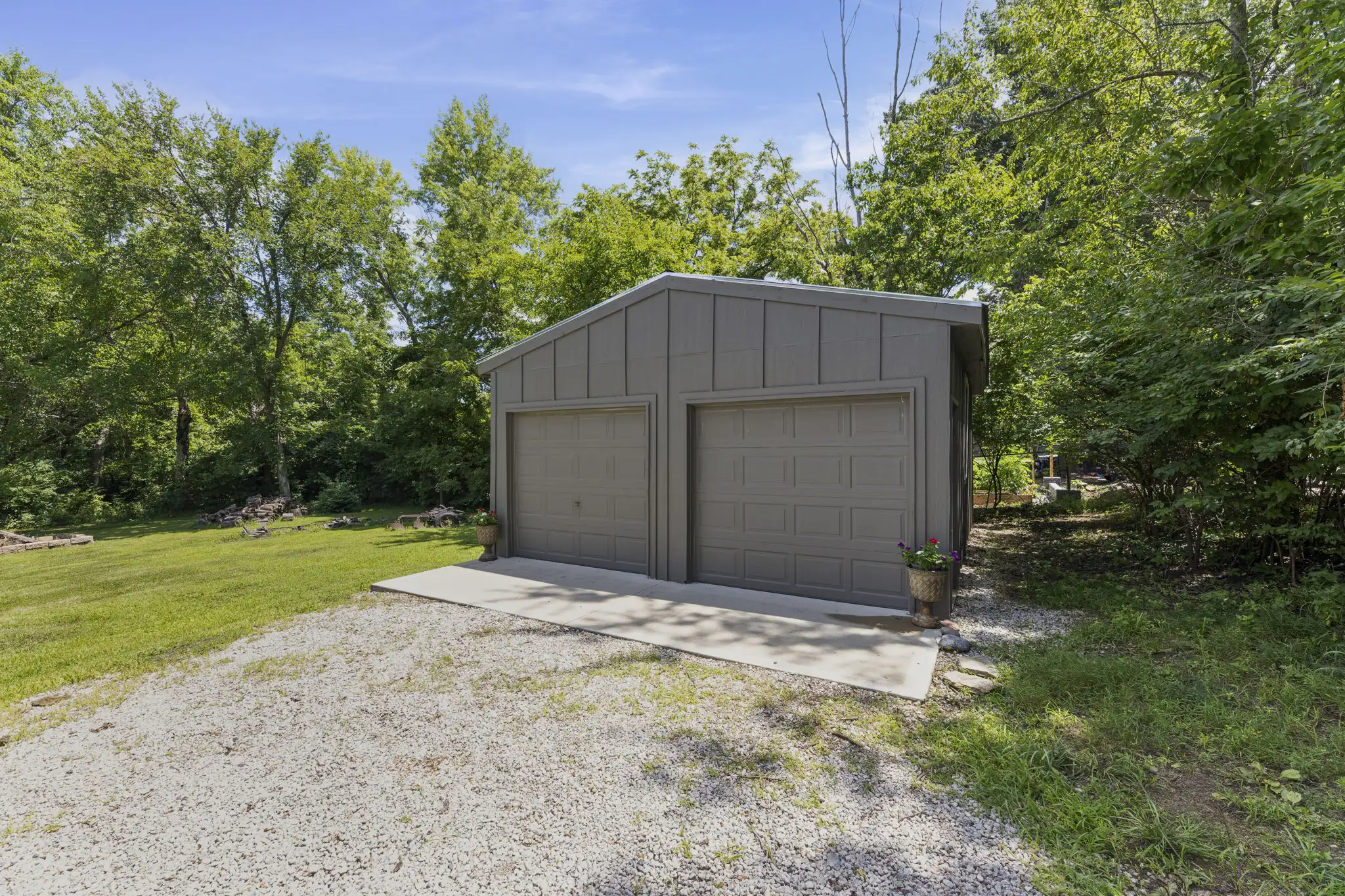 Detached 2-car garage with additional storage space.